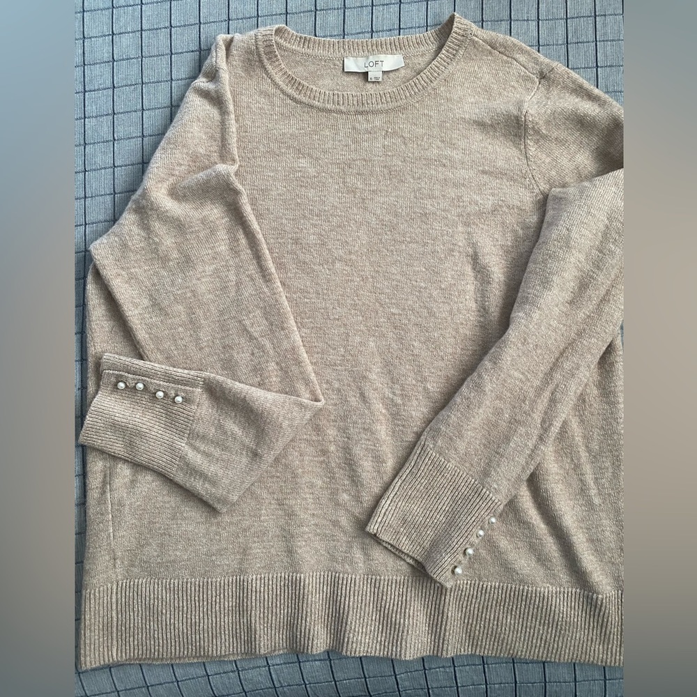 LOFT tan sweater soft with pearl cuff detail XL